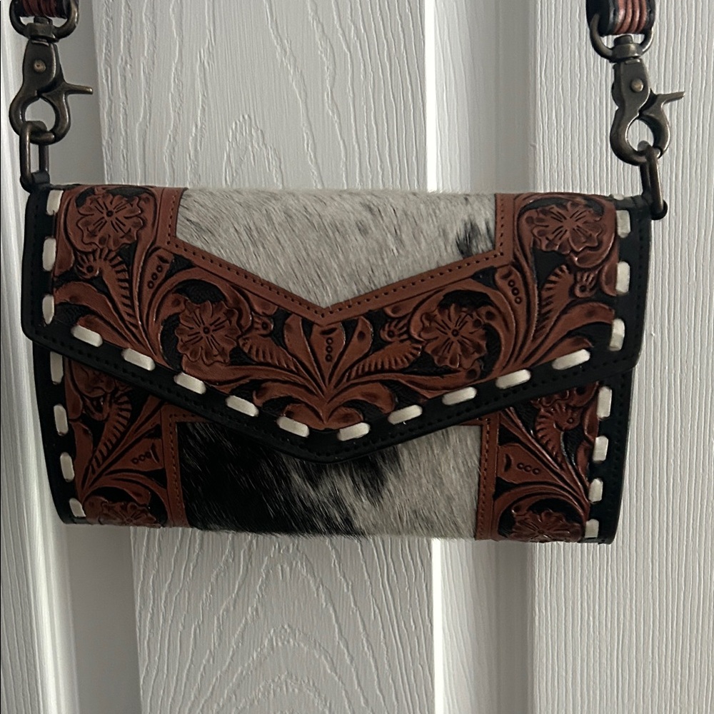 Leather Tooled Crossbody Bag with Black & White Haircalf